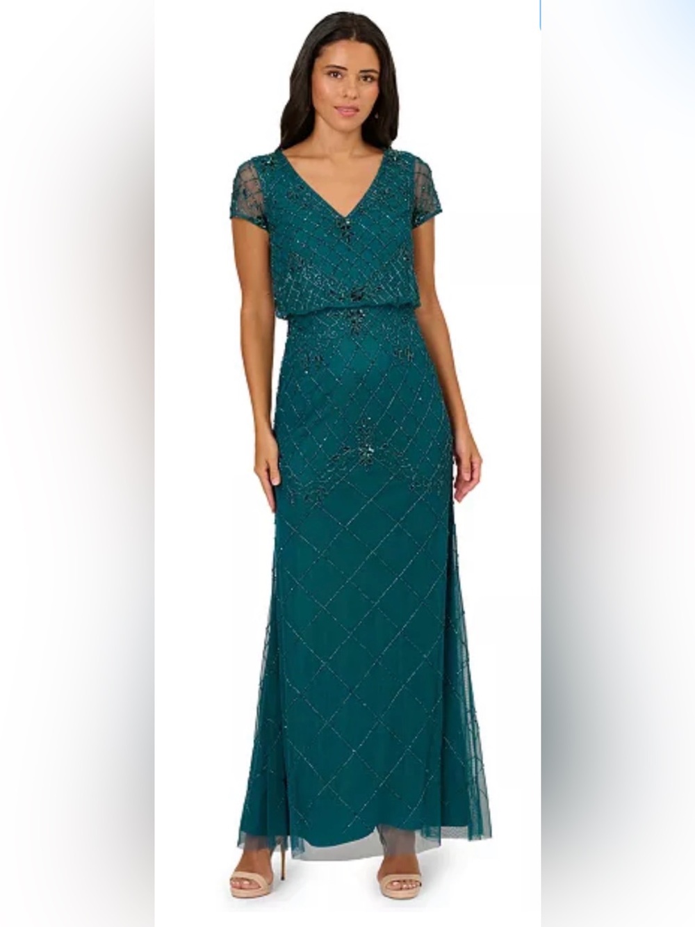 NWT Adrianna Papell Beaded V-Neck Evening Gown